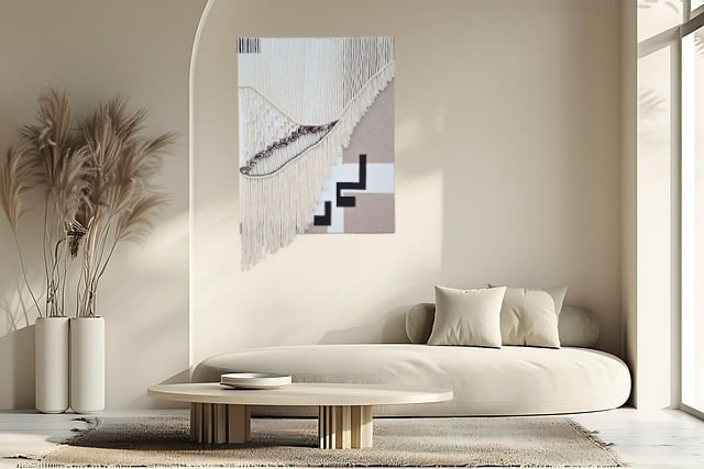 ARMONIA - Macramé con 95 % cuerda de algodón reciclado y tela sobre lienzo de lino, 98 cm alto, 65 cm ancho, 3 cm hondo